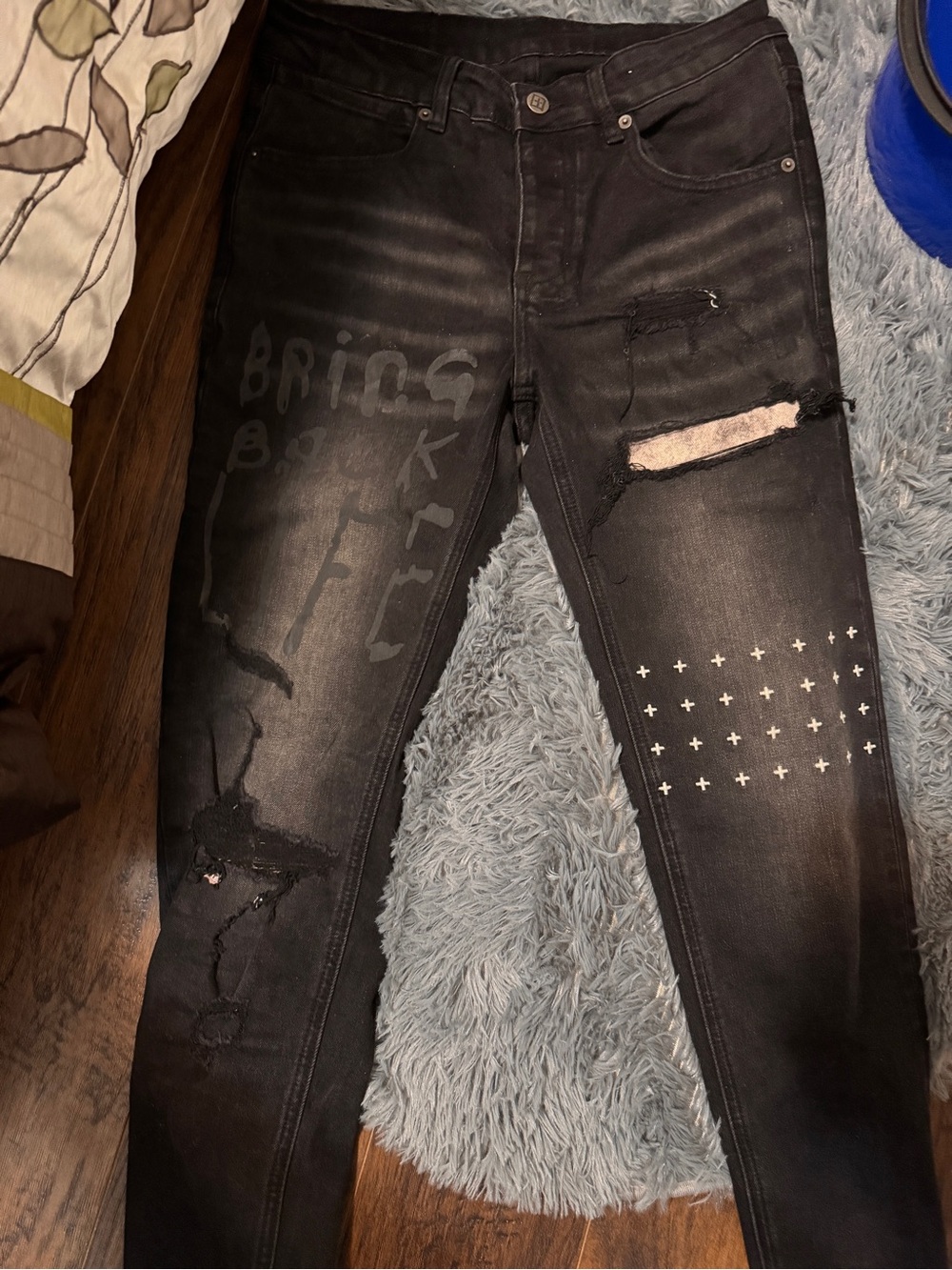 Ksubi Black Distressed Slim Jeans with Graphic and Stud Accents